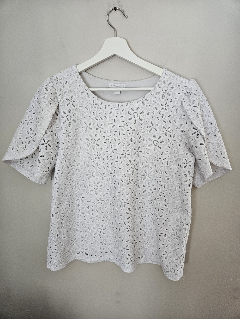 Charter Club Womens White Lace Short Sleeve Blouse Top Lush Garden Bright White